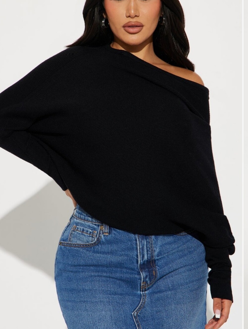 Fashion Nova Black Off-the-Shoulder Knit Sweater